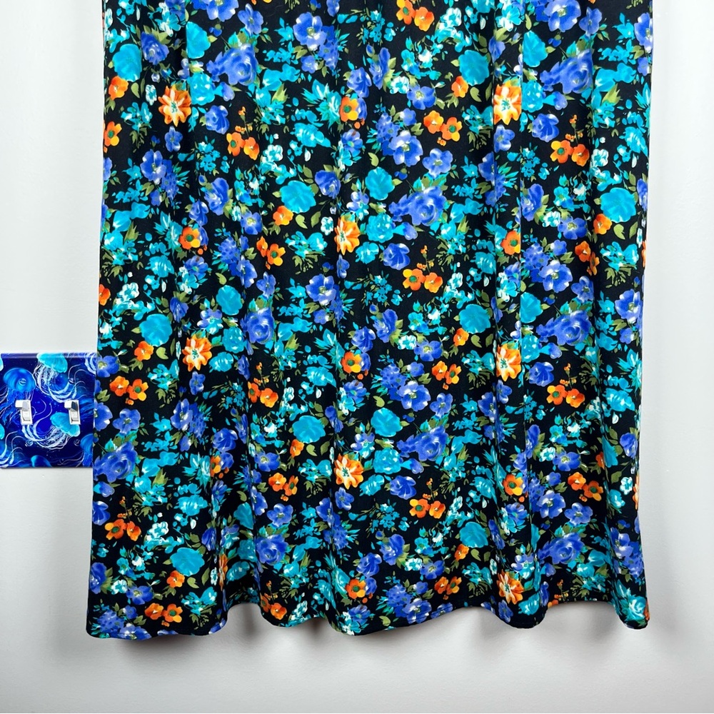 Vintage R&K Originals Blue Orange Floral Midi Skirt Cottagecore Rayon Large Boho - Picture 2 of 7